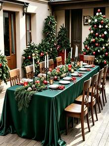 1pc Christmas Deep Green Satin Rectangular Tablecloth, Glossy Silk Fabric, Smooth Texture, Washable, Suitable For Wedding Banquet, Birthday Party, Dinner, Anniversary Table - Multicolor - View 10