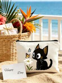 Set Tas Tote Kanvas Bergaris Motif Kucing Hitam Lucu dan Kupu-kupu Daisy dengan Dompet Kecil, Tas Bahu Kapasitas Besar untuk Wanita, Cocok untuk Perjalanan Sehari-hari dan Sekolah. - MultiWarna - View 2
