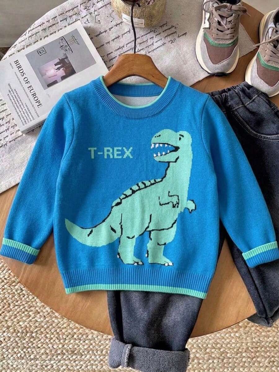 Sweater Pullover Rajut Motif Dinosaurus Colorblock Streetwear Anak Laki-Laki, Cocok Untuk Pakaian Kasual Sehari-hari di Musim Semi, Gugur, dan Dingin - Biru - View 1