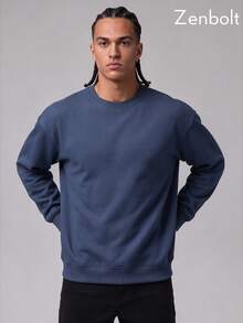 Zenbolt Men Crew Neck Pullover Sweatshirt, Relaxed Fit Long Sleeve Top, Soft Plain Knit Casual Basic Outfit For Daily Matching - Navy Blue - View 3
