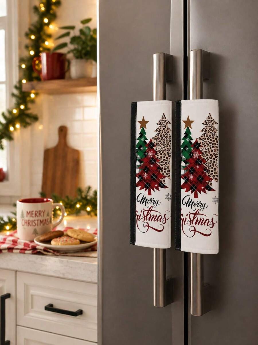 2pcs Christmas Refrigerator Handle Covers, Merry Christmas Letter & Leopard Print Plaid Christmas Tree Pattern Fridge Door Handle Covers, Christmas Kitchen Cabinet Microwave Handle Protectors, Christmas Home Kitchen Decor - Multicolor - View 1