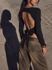 Women's Black Long Sleeve Square Neck Fitted Top, Autumn Essential - Black - View 2
