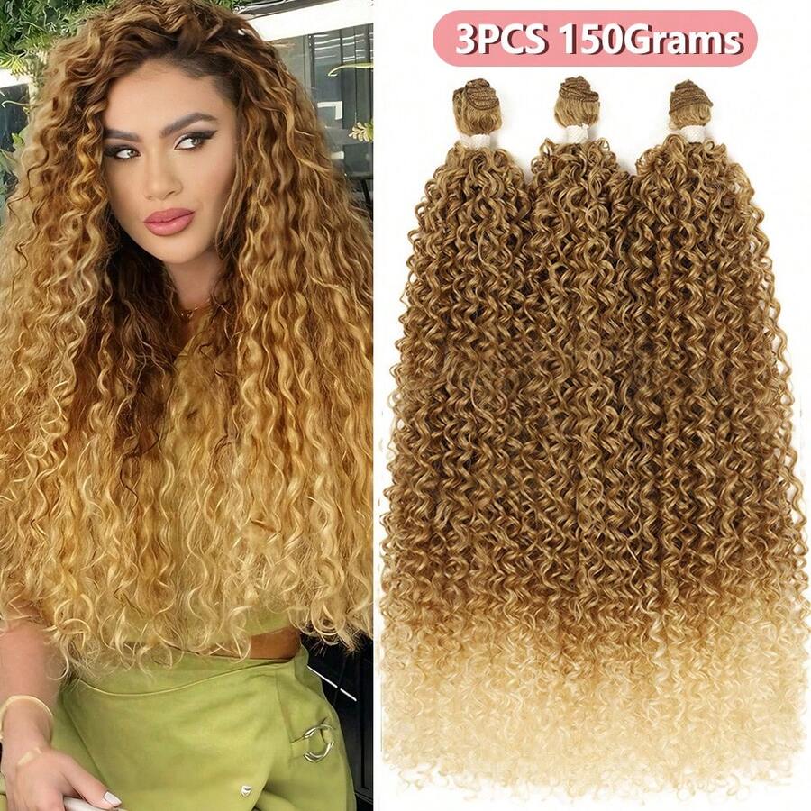 Afro Kinky Curly Hair Extensions Synthetic Hair Bundles 22 Inch 3PCS 150Grams Hair Weave Kinky Curly Hair Bundles For Women Hair Extensions Two Tone Color Ombre Blond Fake Hair Weave Bundles Thick For Women Soft Silk Small Curly Bundle, Halloween - Multicolor - View 1
