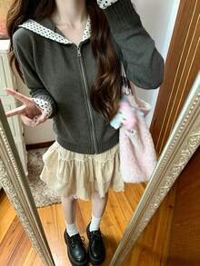 Korean Style Polka Dot Colorblock Patchwork Design Hooded Sweatshirt, Loose Fit Zip-Up Knit Jacket For Women, Early Autumn - Grey - View 2
