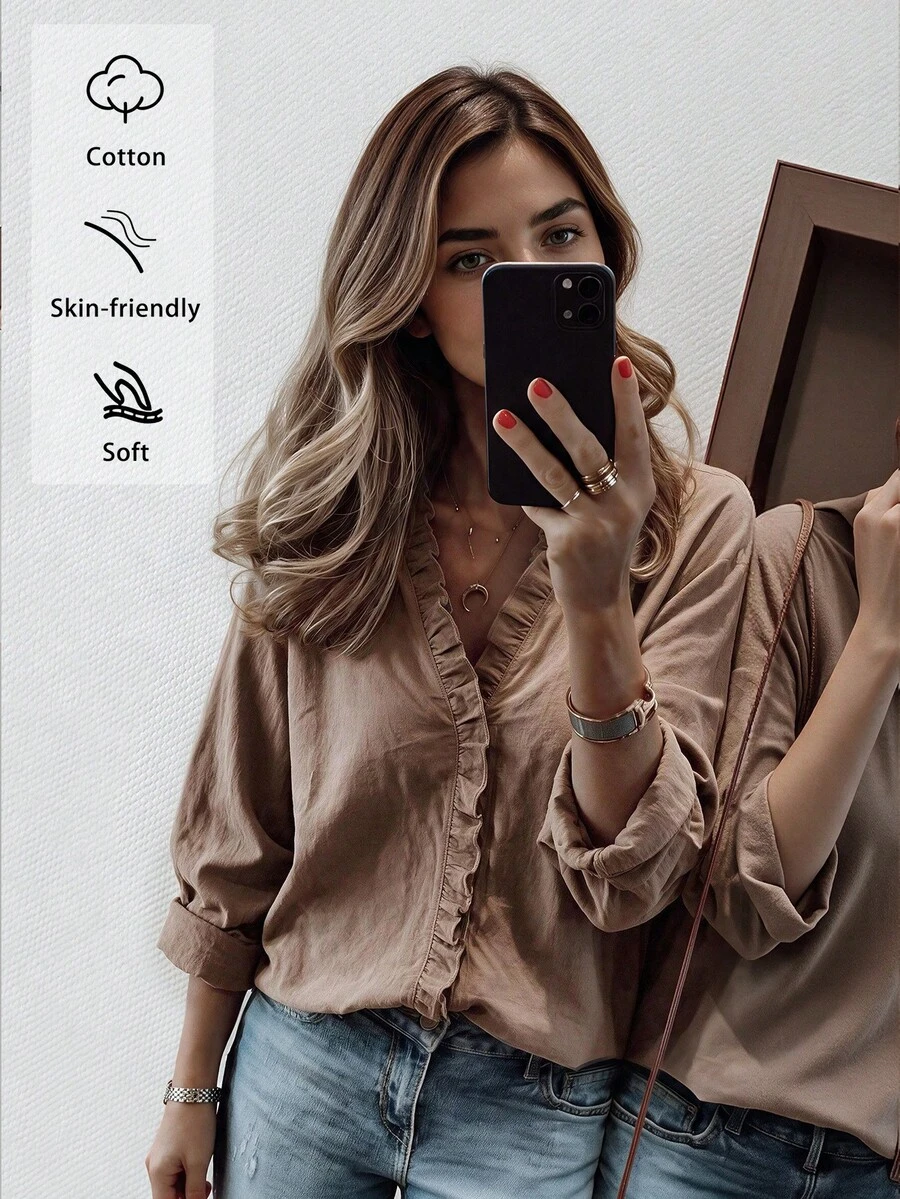 Women's Elegant Ruffle V-Neck Blouse, Long Sleeve Solid Color Slim Fit Top, Breathable Soft Versatile Casual T-Shirt, Suitable For Spring And Autumn - Brown - View 1