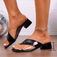 Black Glossy Square Toe Chunky Heel Slide Sandals, Minimalist Criss-Cross One-Strap Open Toe Mid-Heel Sandals, Comfortable Versatile Non-Tiring - Black - View 3