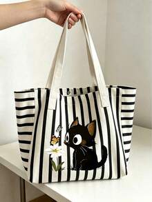 Set Tas Tote Kanvas Bergaris Motif Kucing Hitam Lucu dan Kupu-kupu Daisy dengan Dompet Kecil, Tas Bahu Kapasitas Besar untuk Wanita, Cocok untuk Perjalanan Sehari-hari dan Sekolah. - MultiWarna - View 4