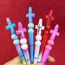 6Pcs Jesus Cross DIY Bead Pen Twist Ballpoint Pens Ideal For Class Study Notes Business Conference Recording, Essential Student Office Writing Supplies, Freely Add And Remove Color Beads As Personal Preference, Handmade Cross Bead Unique Barrel - A - View 2