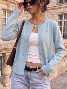 BYGOUBY Women's Autumn/Winter Ditsy Floral Knit Cardigan, Round Neck Front Button Long Sleeve Sweater, Casual Soft Knit Jacket - Blue - View 6