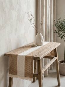 1件米色與棕色寬條紋編織桌旗，復古自然風格布料材質，長方形帶流蘇邊緣與編織紋理細節，裝飾性功能性茶桌旗，適用日常居家與茶室裝飾 - 卡其色 - 查看 6