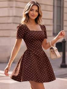 Perirose Women's BrownPolka Dot Square Neck Puff Sleeve Fit And Flare Mini Dress, Summer Fall Vacation Date Brunch Feminine A-Line Sundress - Brown - View 3