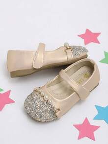 1 Pair Girls' Rhinestone & Pearl Pink Hook-And-Loop Mary Jane Shoes, Suitable For Performance, Party, Daily Wear - Baby Pink - View 4