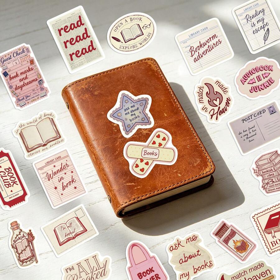 somoving 50pcs Book-Themed Sticker Book - Vintage & Modern Bookish Labels With Book Characters, Authors, Literary Quotes - Pastel & Bold Colors, Irregular Shapes & Hearts/Stars/Book Icons - Scrapbooking, Journaling, DIY Crafts, Planner, Laptop, Fridge, Water - Multicolor - View 1