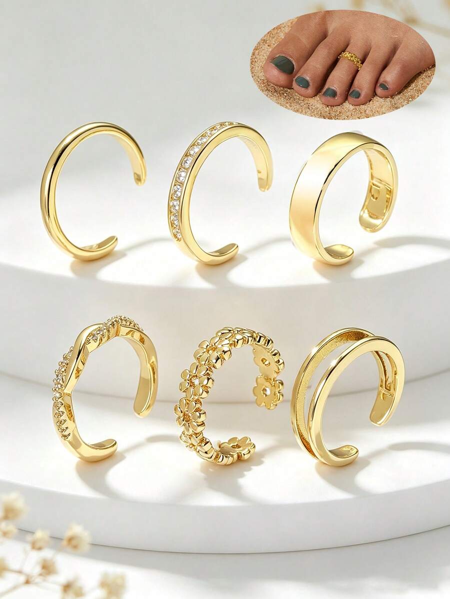 6pcs Women's Fashion Floral Single Row Micro-Pave Cubic Zirconia Open Adjustable Toe Rings Foot Jewelry Set, Suitable For Daily Wear, Shopping, Water Park, Outdoor Party, Layering Occasions - 6 Items - View 1