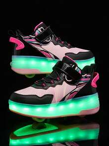 BLSART 1 Pair Kids 2-In-1 Four-Wheel LED Light-Up Roller Skates, USB Rechargeable Adjustable Outdoor Skates, Birthday Gift For Boys And Girls - Black and Pink - View 10