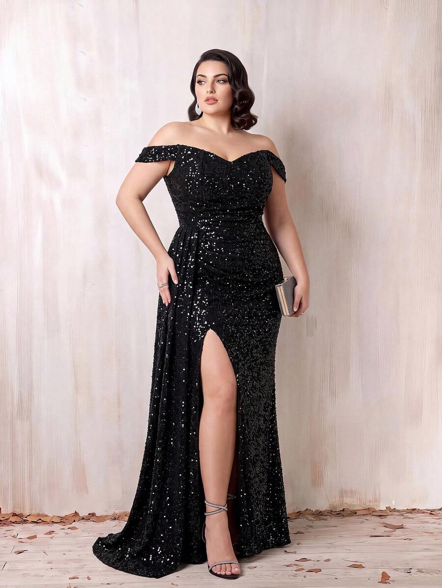 ADYCE Plus Size Off-Shoulder High Slit Sequin Cocktail Party Evening Gown - Black - View 1