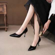 French Style High Heel Pumps For Women, Elegant & Sophisticated, Comfortable, Versatile, Slimming, Pointed Toe, Stiletto Heel, Plain Design, Office Commute - Black - View 5