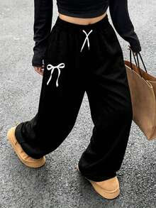 Women's Plus Size Butterfly Print Wide Leg Sweatpants, Casual Loose Long Pants For Autumn/Winter - Black - View 1