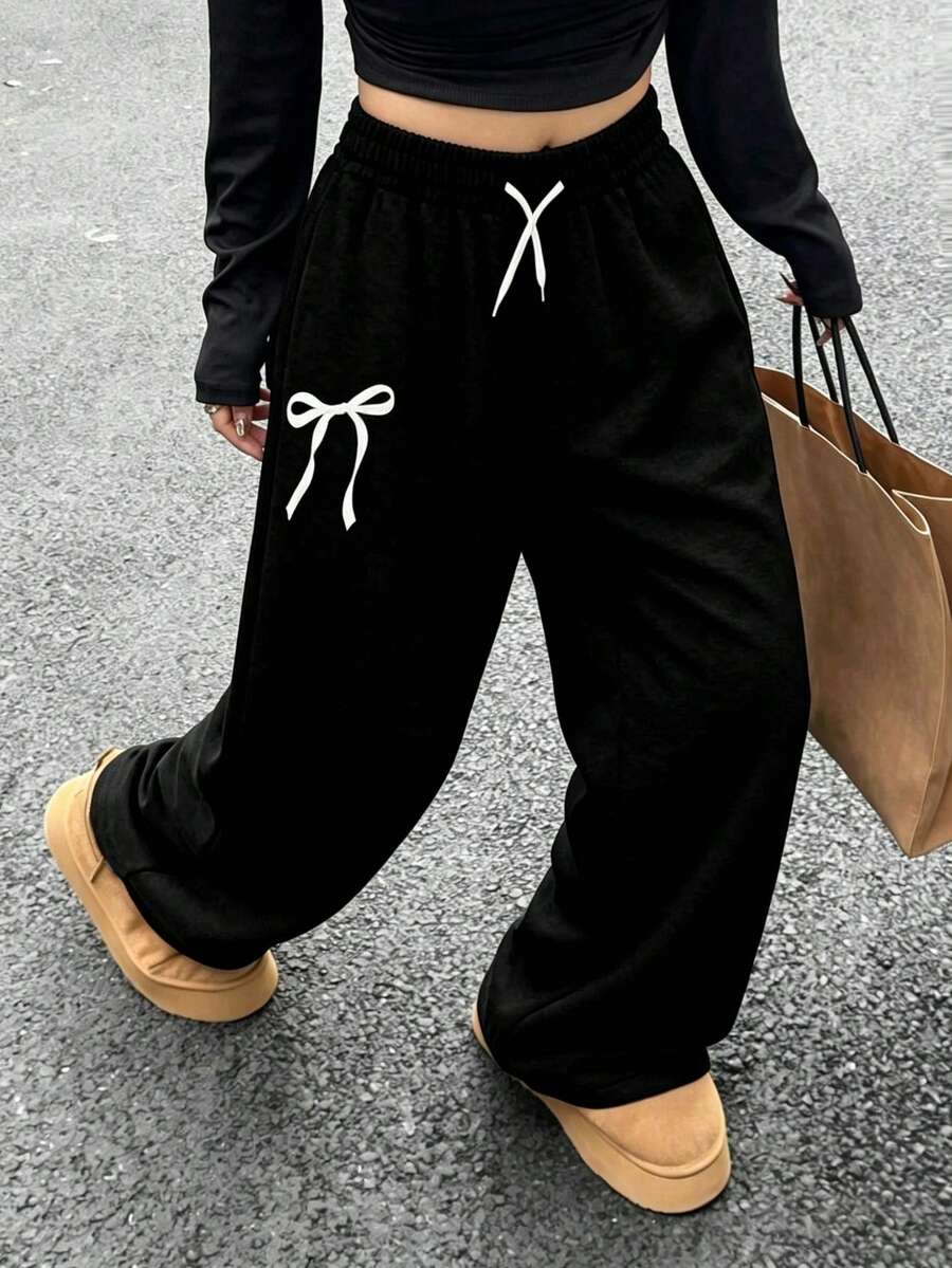 Women's Plus Size Butterfly Print Wide Leg Sweatpants, Casual Loose Long Pants For Autumn/Winter - Black - View 1