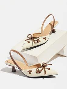 Women's Slingback Pumps With Bow, Floral Embroidery, Pointed Toe, Kitten Heel, Elegant Vintage Beige & Brown Fabric, Backless, Suitable For Daily, Dating, Office, Party, Spring, Summer, Autumn, Winter - Brown - View 7