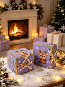 Christmas Reindeer Gift Boxes With Golden Ribbon Bow, Xmas Cartoon Paper Present Boxes Holiday Party Favor Packaging Boxes For Candy Small Gifts Cosmetics - View 6