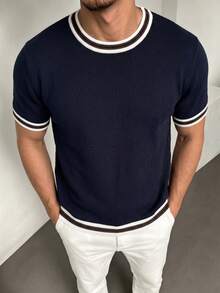 Men's Classic Colorblock Crew Neck Short Sleeve Sweater, Suitable For Summer Outings, Essential Fashion Knit Top - Navy Blue - View 5