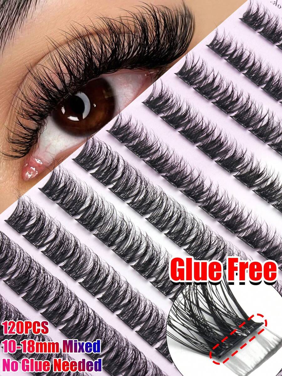120pcs Self-Adhesive False Eyelash Clusters, Fluffy & Natural, DIY Eyelash Extension, Customizable, Suitable For Beginners, For Home, Travel, Party Use, Glue-Free False Eyelashes - D - View 1