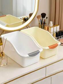 2/1pc Slanted Plastic Storage Bucket, Multi-Function Open Organizer Box With Anti-Slip Handle, Stackable Desktop Storage Box, Suitable For Cosmetics, Skincare, Bathroom, Vanity, Cabinet Storage, Space-Saving Cabinet, Bathroom Accessories, Kitchen Accessories - Multicolor - View 9