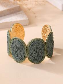 1pc Vintage Round Woven Bracelet, Bohemian Colorblock Design, Versatile Bangle For Island Vacation, Countryside Outing, Commute, Urban Daily Wear - Olive Green - View 4