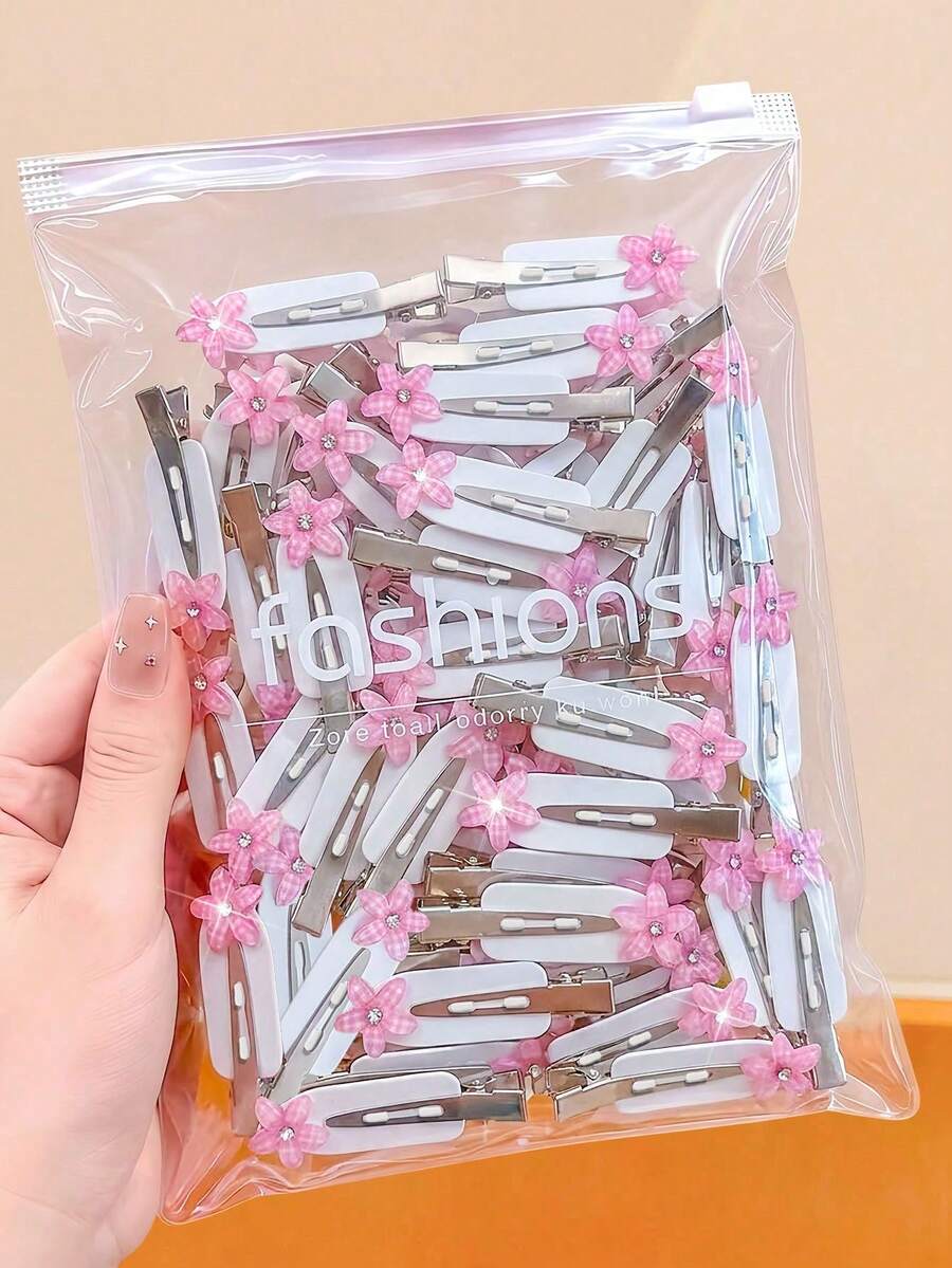 20/10pcs Pink & White Rhinestone Flower Seamless Hair Clips, Basic Durable No-Damage Hair Accessories, Sweet Cute Minimalist Hair Clips - Suitable For Women And Girls, Daily School Party Vacation - Multicolor - View 1