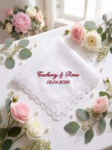 1pcCustom Text Lace Trim Bridal Handkerchief, Custom Bride Soft White Lace Handkerchief For Wedding Tears Of Joy, Wedding Keepsake Souvenir For Brides - Multicolor - View 4