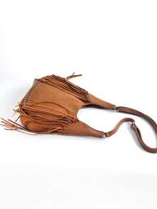 Women Hobo Crossbody Shoulder Bag,Curved Crescent Shape Suede Leather Fringe Tassel Silver Rivet,Adjustable Strap Bohemian Style Daily Travel - Multicolor - View 2