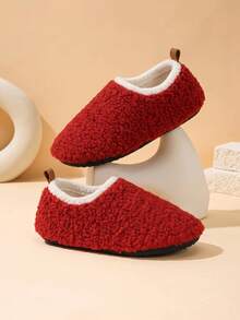 Children's Plush Full-Covered House Shoes, Thick Fleece Lining Warmth Retention Non-Slip Soft Sole Indoor/Outdoor Wearable Fuzzy Slippers - Red - View 2