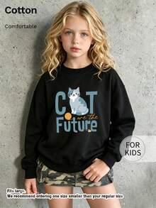 Children's Round Neck Sweatshirt, Cute Cat Print Pure Cotton Pullover, Soft Casual Long Sleeve Top - Black - View 3