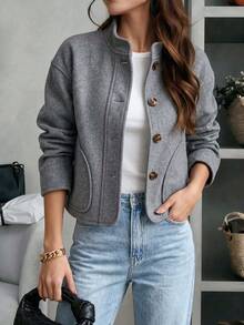 Women's Chic Gray Stand Collar Button Detail Long Sleeve Regular Fit Coat For Home, Office, Vacation, Holiday, Spring Fall Winter - Grey - View 5