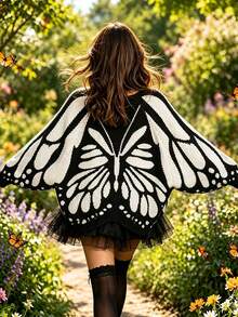 Women's Long Sleeve Knitted Cardigan, Butterfly Wing Print, Button Front, Regular Fit, Autumn/Winter - Black - View 2