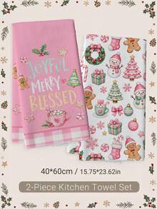 2pcs Cartoon Pink Christmas Elements Gingerbread Man Snowman Candy Pattern Kitchen Towels, 40*60cm Soft Microfiber Material Tea Towels, Suitable For Home Kitchen Restaurant Outdoor Camping Tabletop Cleaning Dish Cloth Hand Towel Accessories, Cute Christmas Theme Kitchen Towels Holiday Gift - Multicolor - View 12
