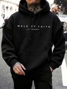Hoodie Pria Motif Retro Musim Gugur/Dingin, dengan Cetakan Tulisan "Walk By Faith", Sweatshirt Pullover Kasual Longgar dengan Kantong Kanguru - Hitam - View 2