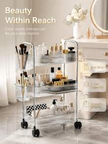 2/3/4‑Tier Rolling Storage Cart, Clear Acrylic Mobile Utility Trolley With Wheels & Side Baskets, Multi‑Purpose Organizer Rack For Bedroom, Bathroom, Office & Kitchen - Transparent - View 7
