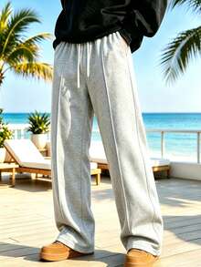 Men's Minimalist Solid Color Straight Leg Sweatpants - Featuring Drawstring Elastic Waist, Side Pockets, Made Of Fabric, Loose Fit Sports - Light Grey - View 4