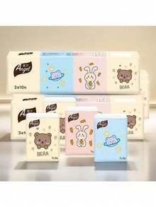 7/14/28/70/140Pcs (7pcs/Pack) Cute Cartoon Pocket Tissues, Bear Rabbit Space Cat Printed Mini Disposable Handkerchief Tissues,3‑Ply Original Wood Pulp Portable Tissues For Travel, Bag, Daily Use - Multicolor - View 9