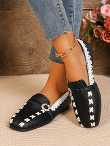 Women's All-Season Fashion Comfortable Soft Sole Non-Slip Flat Ballet Shoes With Metal Rivet Decor Square Toe V-Cut Opening Black Driving Loafers - Black - View 5