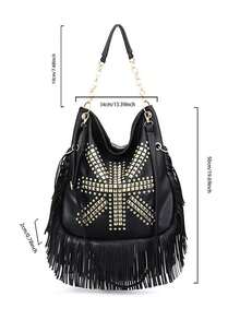 Tas Selempang Hobo Wanita, Bentuk Ember, Motif Geometris Bertabur Emas, Rumbai Kulit Imitasi, Pegangan Rantai, Tali Bahu yang Dapat Dilepas, Gaya Punk untuk Pesta dan Sehari-hari - Hitam - View 8