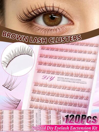 Brown D‑Curl Segmented Lash Clusters 120Pcs, Soft Fluffy Lightweight DIY False Eyelashes, Salon‑Grade Volume & Length Effect For Easy Home Application,Must-Haves For Halloween And Christmas,Manga Lashes,