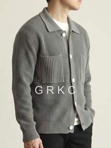 GRKC 秋冬韓系新款男士寬鬆長袖中性針織開襟衫，翻領單排扣設計 - 灰色 - 查看 2