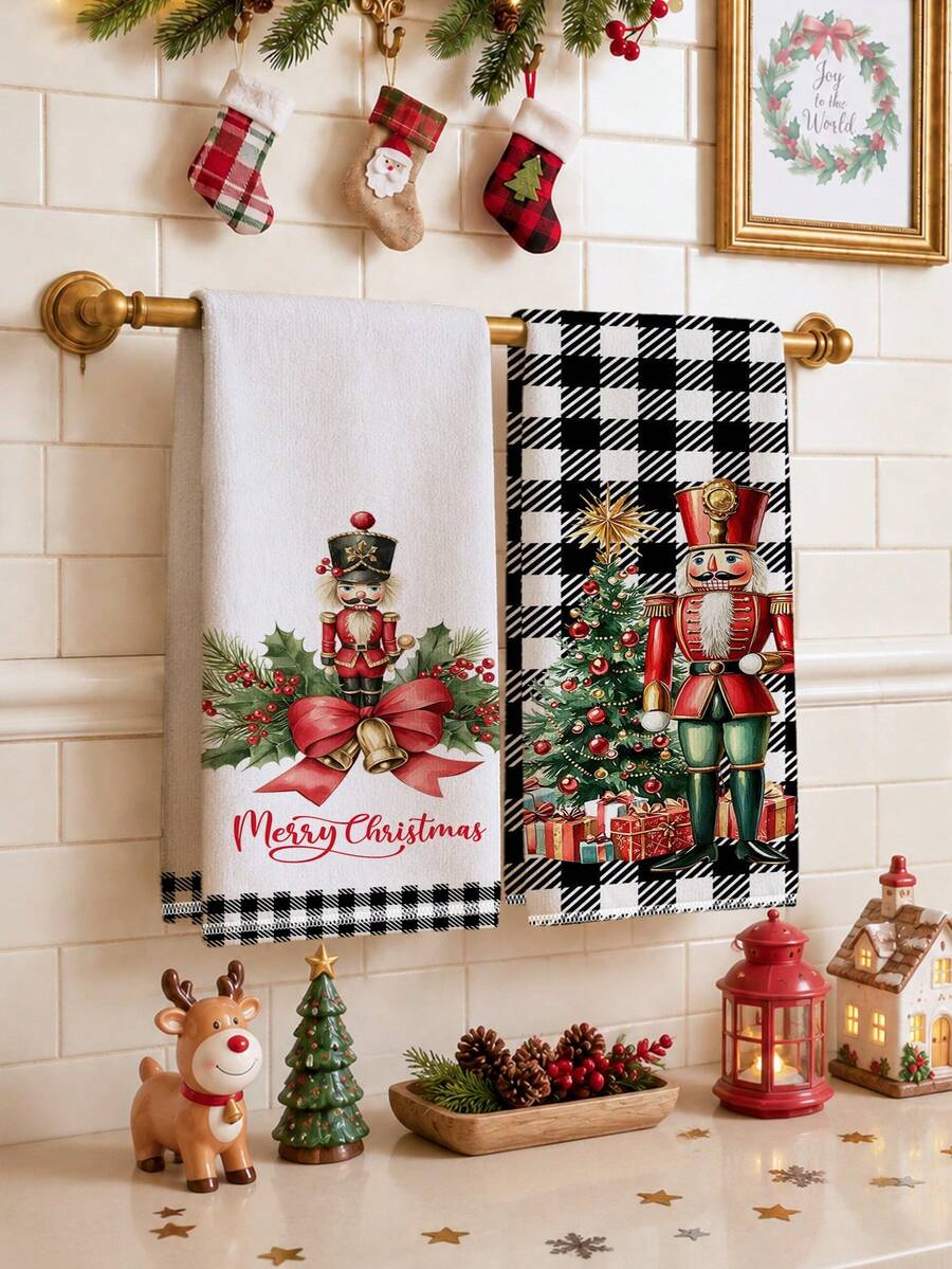 2pcs Christmas Nutcracker Soldier Christmas Tree Gift Pattern Kitchen Towels, Soft Polyester Dish Cloths, Suitable For Kitchen Decor, Kitchen Cleaning, Holiday Party Decoration, Kitchen Bathroom Supplies Home Essentials, Home Decor, Housewarming Gift - Multicolor - View 1