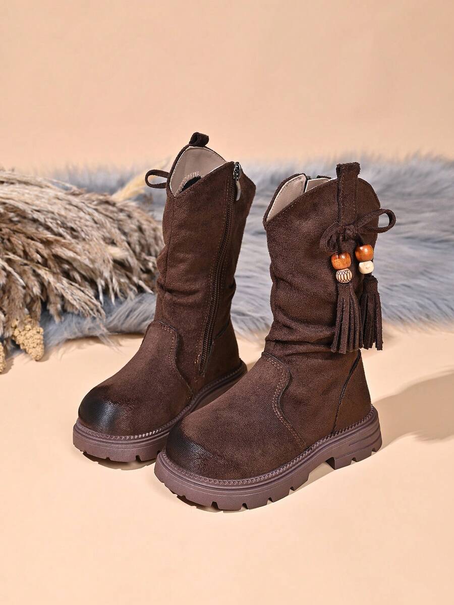Girls' Vintage Tassel High-Top Western Boots, Distressed Thick Sole Side Zipper Tall Riding Boots For Big Kids - Brown - View 1