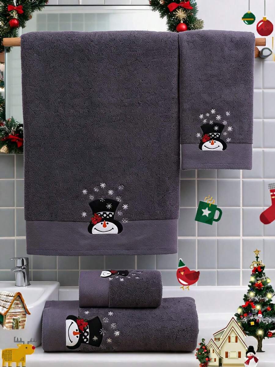 QIBHI 2/4件組聖誕雪人刺繡灰色純棉浴巾套組 柔軟吸水浴室與廚房毛巾套組 冬季節慶裝飾 - 淺灰色 - 查看 1