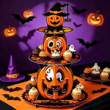 1pc Halloween Pumpkin Cake Stand, 3-Tier Party Dessert Tray, Decorative Display Prop - Multicolor - View 1
