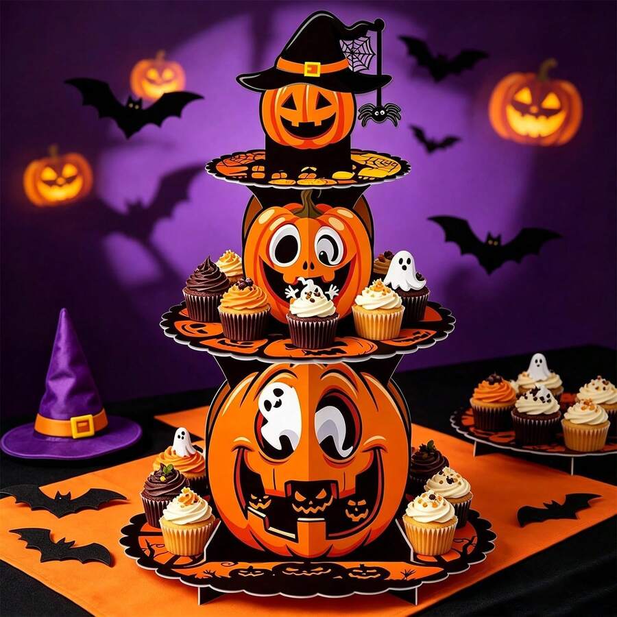 1pc Halloween Pumpkin Cake Stand, 3-Tier Party Dessert Tray, Decorative Display Prop - Multicolor - View 1